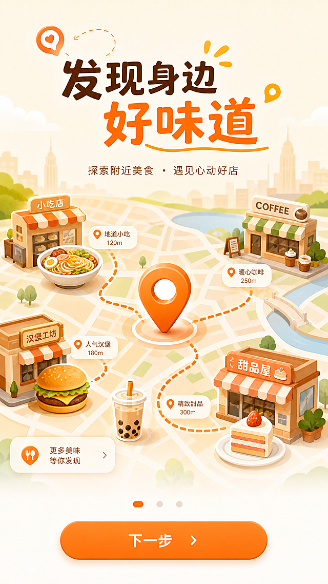 设计醒过美食APP引导页第1张，9:16竖屏，暖橙清新美食插画风格，主题为发现附近美食，包含简约美食地图插画，配文"发现身边好味道"，底部有分页点和下一步按钮，风格清新适配移动端