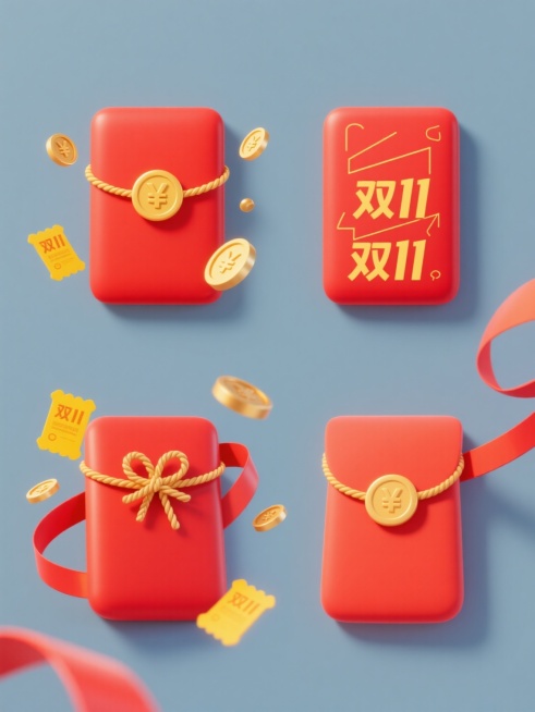 一套4个规整排布的电商营销素材，整体采用简约现代风格，纯色背景，无任何文字、logo及水印。第1个为原素材：两枚红色方形红包，金色绳结和圆形¥符号装饰，周围散落着金色硬币、黄色优惠券和红色飘带，画面明亮喜庆，带有轻微的光影渐变和立体感。第2个变体红包：保留原红包主体造型与配色，在红包正面或侧面适当位置添加金色或黄色的“双11”字样元素，字体简洁现代，与整体风格协调。第3个变体红包：保留原红包主……预览效果