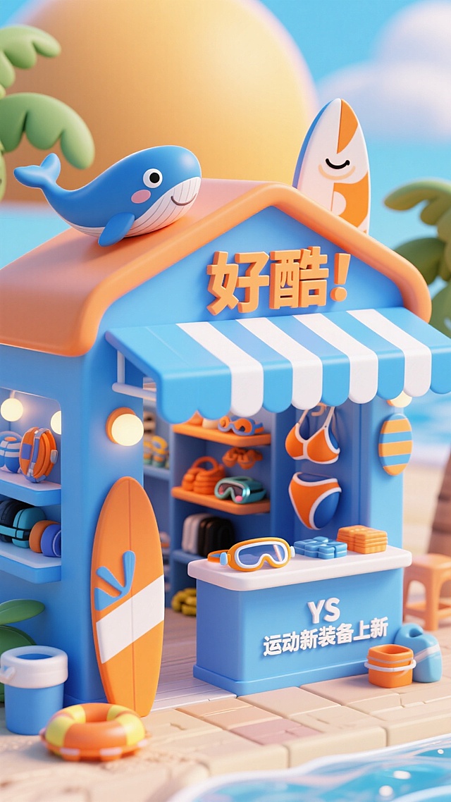 软3D风微缩艺术场景，卡通感十足的海滩小店，搭配可爱鲸鱼与冲浪板，清爽梦幻，传递夏日趣味与清新活力。