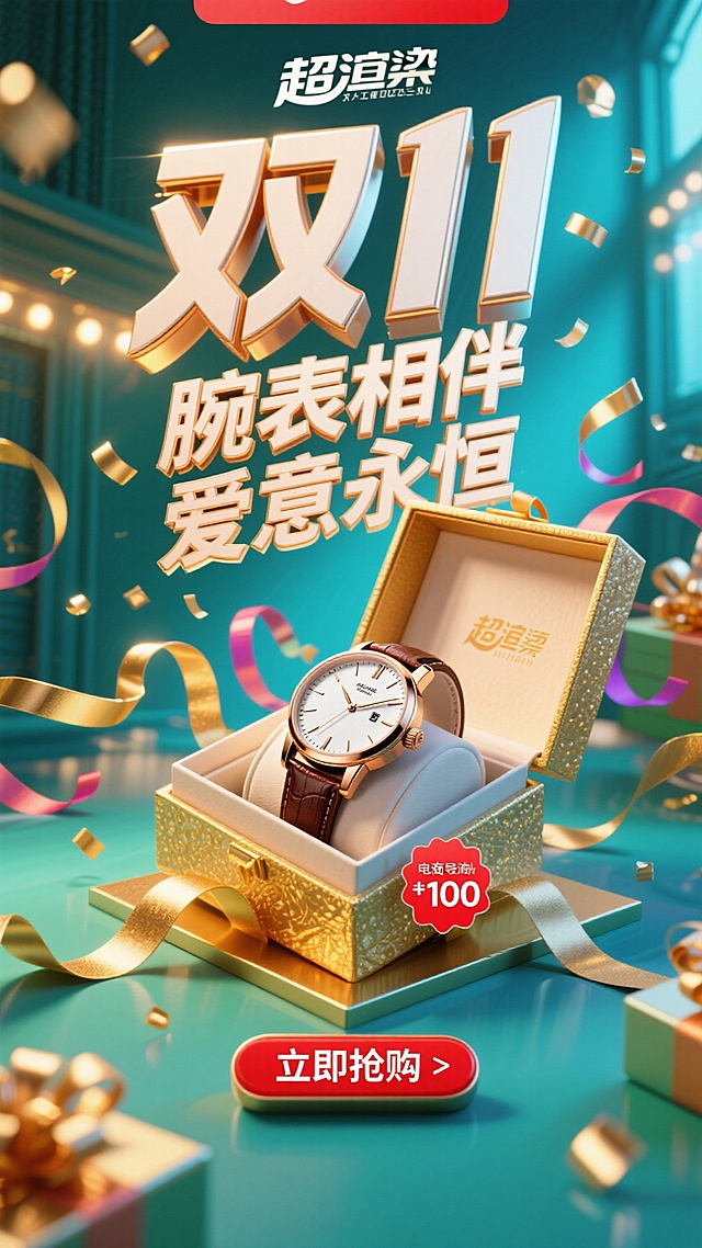 充满活力的双11销售海报构图。一枚优雅的手表放在打开的奢华礼盒中，周围是漂浮的彩带和金色丝带。电商风格，明亮欢快的灯光。“双11”Logo巨大且具有庆典感，位于顶部。主标题“腕表相伴 爱意永恒”采用粗体、喜庆的字体。一个大的、令人无法抗拒的红色“立即抢购”按钮（带有折扣标签）在底部。商业化，以转化为导向的设计。