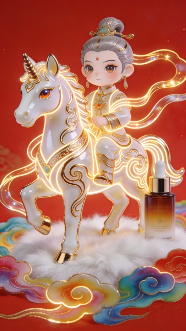 中国风插画大师杰作，中国春节特色，人物形态的Q版小马，旁边摆着一个护肤品，身形图案完整，美轮美奂。线条柔美灵动如流水缠绕，灵动，炯炯有神，兼具灵动与祥瑞神态。荧光金色线条沿轮廓游走，金色金属质感勾边凸预览效果