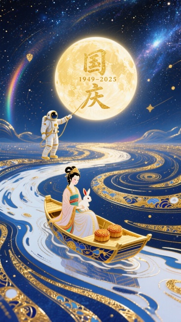 梦幻奇幻风格，全景，小船（漂浮在金丝线缠绕的蓝白色河流上，船上有嫦娥怀抱玉兔和两块中秋月饼 ）居画底部，星空漩涡从小船向四周扩散成漩涡状星空（深金色交织） ，中央巨大的发光满月左前放有一个宇航员，伸手预览效果