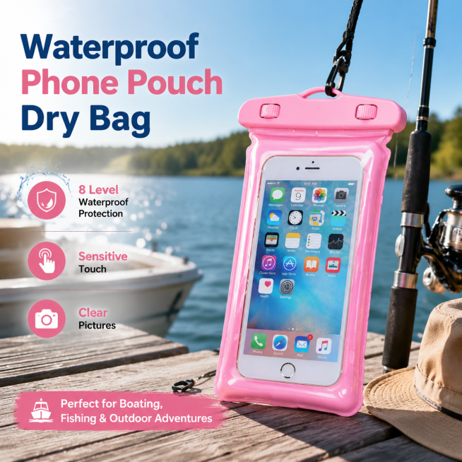pink waterproof phone pouch being used on a boat fishing trip, product next to a fishing rod on a la预览效果