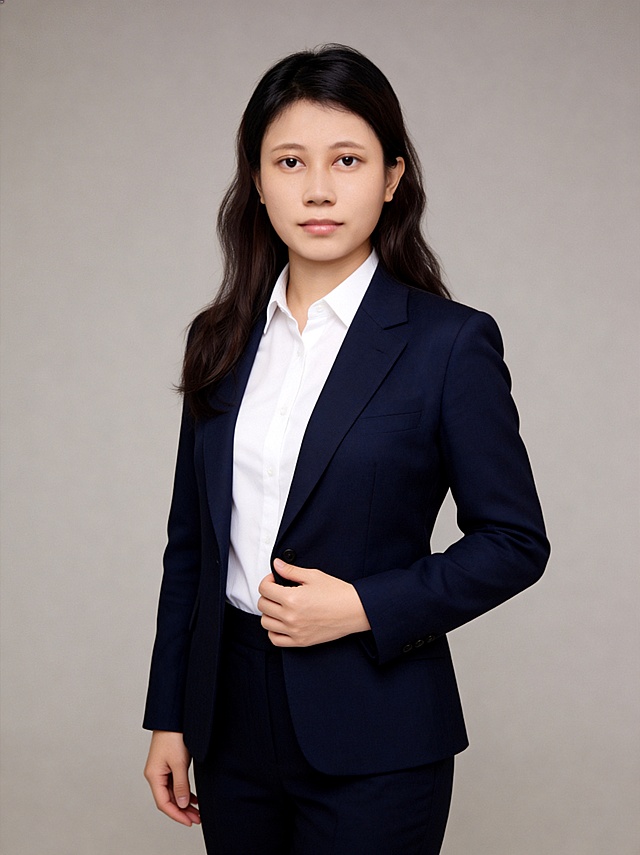 参考图片中人物的脸型、发型、五官特征，生成一张女性全身正装职业形象照，人物身穿藏青色精纺羊毛西装外套，内搭白色高支棉衬衫，下装同色藏青色西裤，整体着装正式干练，专业稳重，身形匀称，姿态端正，身体挺拔。呈自然站姿，右手轻握西装前襟，肢体放松且自信，发梢干练大气，主体锐利。简约微微暖调中性灰纯色背景，呈现均匀柔和质感，极简干净，背景光线均匀柔和，强化色彩对比的高级感。画质超高分辨率、细节清晰，现代精致感风格，肤质精细化处理，眼神直视镜头，目光坚定且澄澈，表情自然，肤色均匀，柔光美白细腻陶瓷肌肤，哑光肤质，肤色均匀提亮，杰作，最佳画质，超高细节，写实摄影，全身人像，皮肤细腻通透，白皙清透皮肤，柔光，正面补光，画面干净清新，高清皮肤细节，面部光比1:1.5，4800K中性光，微微修饰脸型，肤质哑光细腻，面部雾面柔光，轻透裸肌感，真实毛孔纹理，分辨率4K，严格保留参考图人物面部特征生成，全身照，展现人物完整身形，画面比例3:4