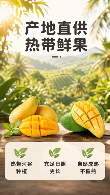 [第4屏] 产地溯源屏-展示芒果优势产地种植环境。
[氛围/风格] 自然生态风格，温暖阳光氛围感，真实田园摄影质感，绿色清新基调。
[元素布局] 背景是虚化的热带芒果园种植场景，绿色椰林和山坡，阳光透预览效果