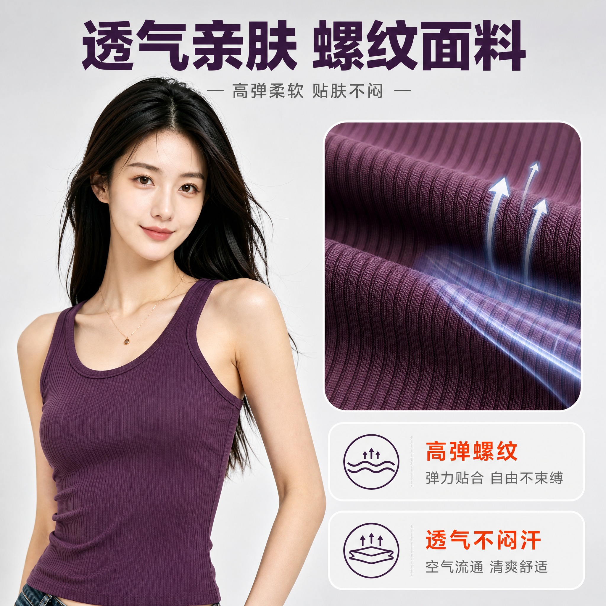 [主图-2] 深紫色高弹螺纹美背吊带背心 面料透气亲肤展示图。… - 图片创意预览