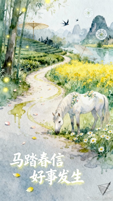 透明水彩风格，一道由晕染开的青绿与鹅黄水痕形成的林间小径（点缀溅落的水渍、飘飞的花瓣）呈柔和的曲线蜿蜒；小径沿途浸染出杭州茶山、徽州油菜花田、桂林春江等清新景致，伴有朦胧的纸伞、远飞的燕影、漂浮的蒲公预览效果