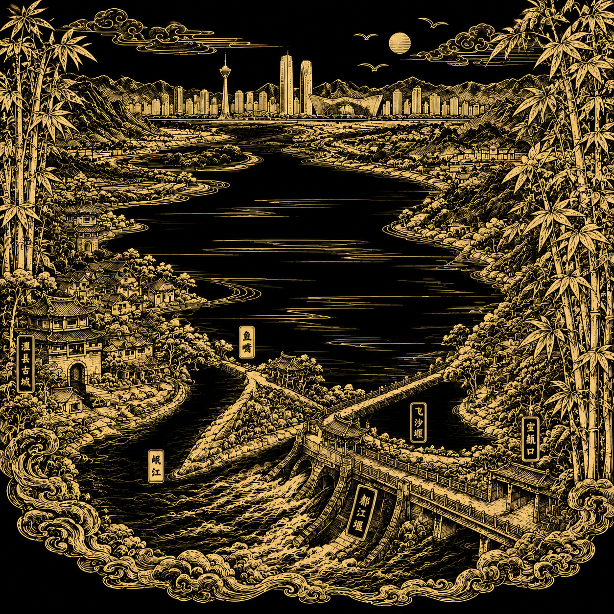 将背景改为纯黑色，插画整体风格保持与原图一致的复古版画线描风格… - 图片创意预览