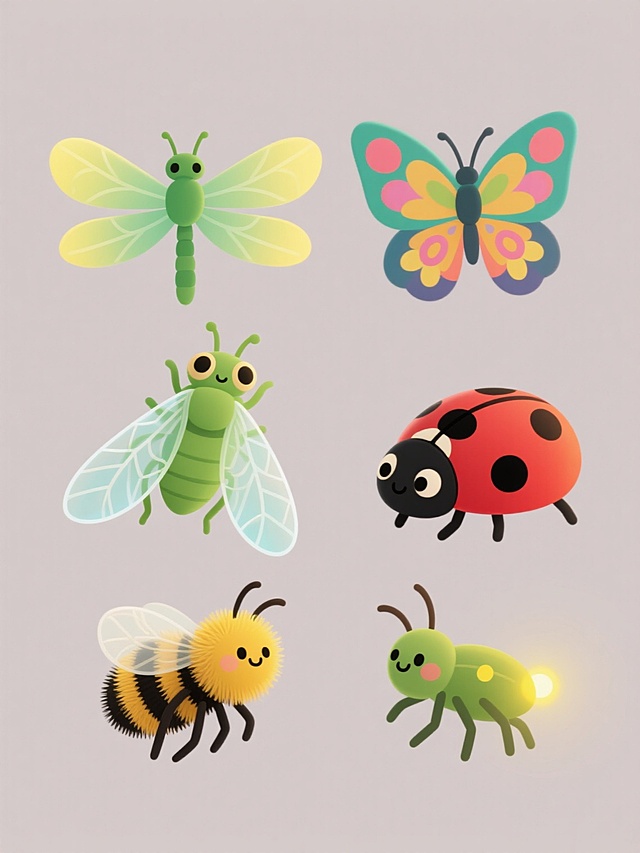 可爱卡通风格的六只不同昆虫规整排布插画，透明轻薄且带有细腻纹路的翅膀细节，柔和均匀的光影效果，简洁的纯色背景，整体画面明快活泼。画面中包含：一只翅膀呈渐变黄绿色的绿色蜻蜓，一只色彩斑斓翅膀带有花纹的蝴蝶，一只通体翠绿、翅膀透明带纹路、头部有明显复眼的知了，一只红色带黑色斑点的瓢虫，一只黄黑相间身体毛茸茸的蜜蜂，一只尾部带有发光黄色光点的萤火虫。所有昆虫造型均为可爱卡通化设计，线条圆润流畅，色彩鲜明柔和，整体构图平衡对称，视觉效果清新愉悦。