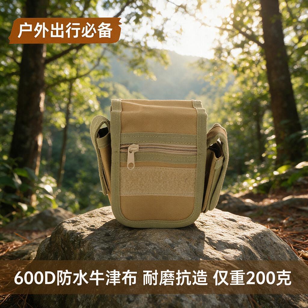 电商爆款主图第5张，1:1正方形，户外自然场景，卡其色战术腰包… - 图片创意预览