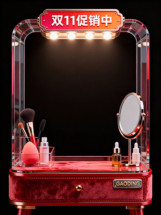 3D重拟物风美妆台，金属与玻璃材质交织，鎏金细节尽显奢华，红色绒面基座搭配双11促销灯牌，时尚感十足，营造高端促销氛围。