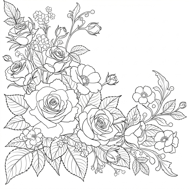 从原图提取出玫瑰花花卉的黑白线稿，去除所有填充颜色，保留清晰流畅的轮廓线条，保持原花束布局，白底黑线预览效果