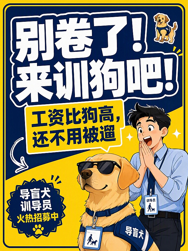 小红书笔记大字封面，插图大字，高饱和撞色反差风，版式精美，小红书笔记封面质感，适合信息流点击。主标题必须完整呈现且为画面视觉中心，逐字锁定：「别卷了！来训狗吧！」。主标题字号占画面约 55% 视觉权重，清晰可读，不得增删改字。副标题：「工资比狗高，还不用被遛」。装饰短句/角标：「导盲犬训导员 火热招募中」。背景：明亮黄色与深蓝色大色块撞色拼接，上半部分深蓝、下半部分亮黄，形成强烈反差感，非黄底黑字单一底色。标题排版：扁平超粗黑体/sans，主标题白字配深蓝色块底框，副标题深蓝字配亮黄色块底框，强对比，非3D立体字。插画层：画面中下部有一只戴着工牌和墨镜的导盲犬（拉布拉多/金毛），表情自信专业，旁边站着一个打工人表情的训导员（羡慕惊喜表情），扁平插画风格，插画不抢主标题，作为视觉辅助元素。装饰：右上角 1 个🐕 emoji 小贴纸；左下角 1 个手绘弯曲箭头指向副标题；另加深蓝色粗线边框。整体氛围：反差幽默、醒目吸睛、职场转行话题感。画质：高清细腻，信息层级清晰，主标题与背景强对比，文字完整处于安全区内不可裁切，四周留安全边距。画面比例 3:4，4K。