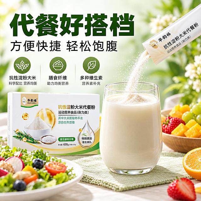 电商主图，1:1正方形，代餐粉小袋包装正在往玻璃杯中倒粉的动态画面，粉末形成优美弧线，杯中是冲调好的米白色饮品，背景有新鲜水果和沙拉，顶部大字标题"代餐好搭档"为粗体深绿色无衬线黑体，副标题"方便快捷 轻松饱腹"为黑色常规字体，左下角放产品包装盒，整体风格与详情页一致，清新活力，商业摄影质感