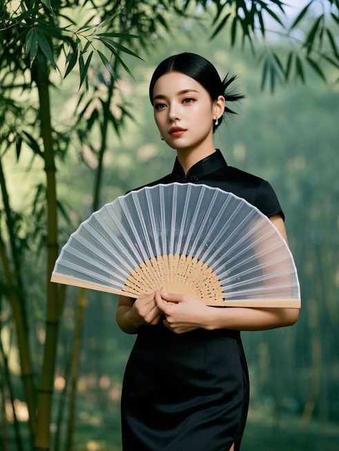 一个黑色旗袍的女生，手拿8根透明扇骨的折扇，竹子，正面，米白色背景预览效果