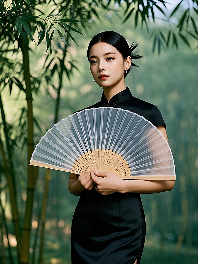 竹林深处，黑裙佳人手持折扇，水墨风韵，古典优雅，尽显国潮之美。
