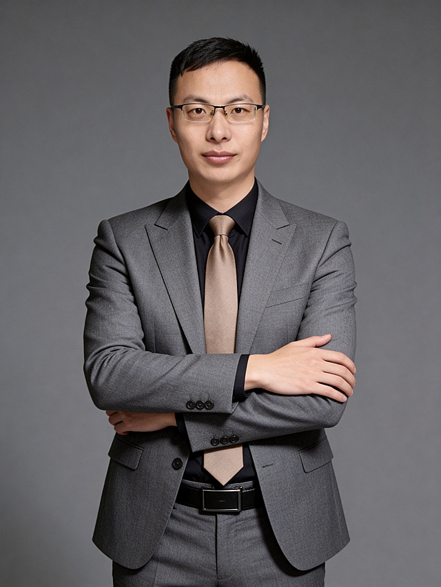 参考第一张图保留人物脸型､年龄等特征生成职场形象照,参考第二张图人物占位和比例,标准焦段50mm,F/4光圈(F/2.8-F/4区间),平视视角(镜头与人物视线齐平);人物占画面70%,人物居中(居中构图),位于画面中心,为视觉聚焦点,入境范围头部及以下至臀部区域(半身像);左右留少量背景空间;头部与画面顶部保留5%空间;头部发型完整;头肩比例协调,身穿修身精纺羊毛混纺面料的灰色西装外套,平驳领(商务感正式感),西装下摆自然垂度;内搭深色翻领衬衣,搭配高级浅咖色领带(含5%桑蚕丝提升柔光质感),下装精纺羊毛混纺面料的灰色西裤(面料同西装),搭配暗色哑光皮带(宽1.5cm),带扣为长方形拉丝黑色金属(1.8cm×2.5cm);呈正面抱胸的自然站立姿态:左臂搭于右臂上方,肩颈自然松弛下沉,姿态自信从容｡正式严谨专业稳重,身形匀称,姿态端正｡发梢微微修整干练大气,主体锐利,影棚侧光布光(主光来自画面前方),明暗过渡柔和,背景光线均匀,强化色彩对比的高级感｡哑光简约中深灰色纯色背景(呈现均匀柔和质感),极简干净;32K画质超高分辨率､细节清晰,整体风格雅致､兼具现代精致感;肤质精细化处理;眼神直视镜头,目光坚定且澄澈,表情自然.嘴角上扬;肌肤白皙透亮,柔光提亮,细腻无瑕,通透高级,干净清透肤质,肤色均匀,柔光美白细腻陶瓷肌肤,自然提亮,光影柔和通透水光肌,肤质细腻平滑干净哑光肤质,无油光无暗沉,肤色均匀提亮;杰作,最佳画质,超高细节,写实摄影,中近景人像,面部清晰,五官精致,皮肤细腻通透,白皙清透皮肤,干净肤色,健康肤色,无蜡黄,无暗沉,无黄皮,柔光,正面补光,面部光线均匀明亮,无浓重阴影,冷色调白平衡,画面干净清新,色调明亮,对焦清晰,肤质细腻,高清皮肤细节;面部光比1:1.5,4800K中性光,微微修饰脸型,肤质哑光细腻,面部微微雾面柔光,轻透裸肌感,真实毛孔纹理,32K画质,去除人物之外的所有元素｡严格按照第一张图内容生成｡