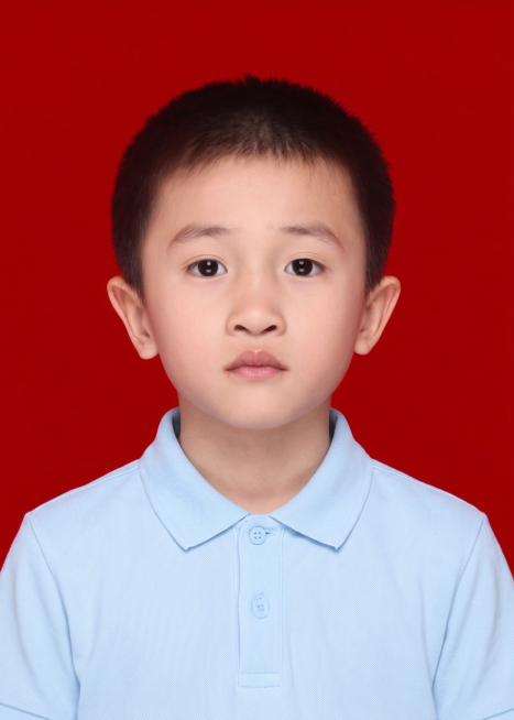 将男孩身上的深蓝色衬衫换成浅蓝色polo衫，保留红底证件照背景、男孩五官和发型不变，保持证件照风格预览效果