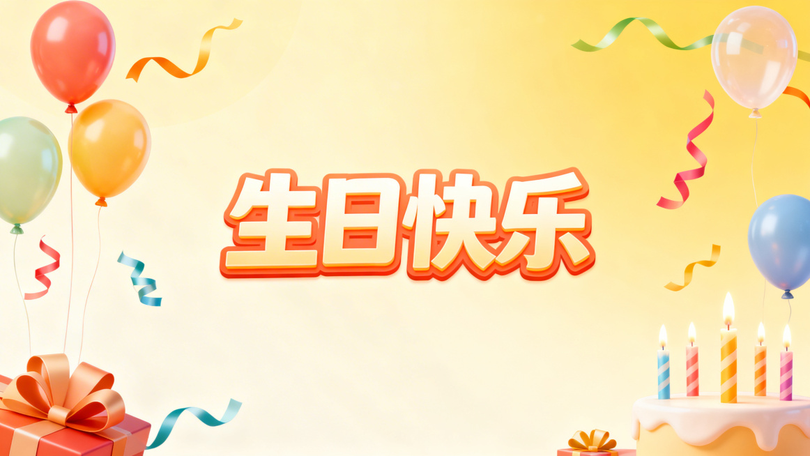 生日电视投屏背景图，温馨喜庆风格，画面中央有醒目的艺术字"生日快乐"，四周点缀气球、彩带和蜡烛装饰，柔和暖黄渐变背景，整体干净简洁适合电视投屏预览效果