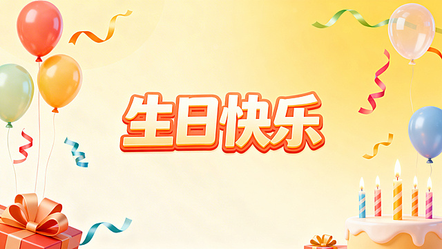 生日电视投屏背景图，温馨喜庆风格，画面中央有醒目的艺术字"生日快乐"，四周点缀气球、彩带和蜡烛装饰，柔和暖黄渐变背景，整体干净简洁适合电视投屏