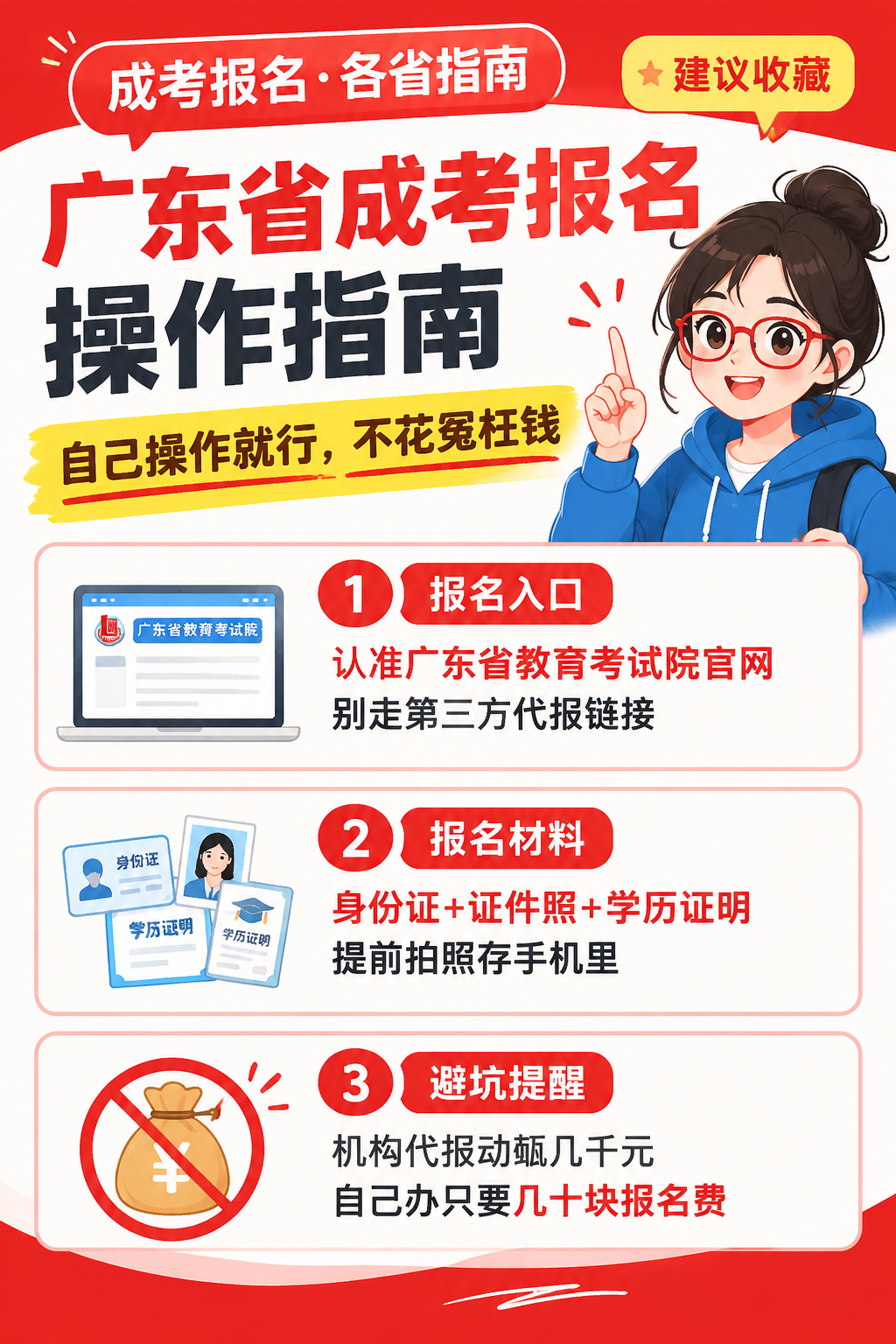 一张成人高考报名指南海报，红白配色，顶部有"成考报名·各省指南… - 图片创意预览