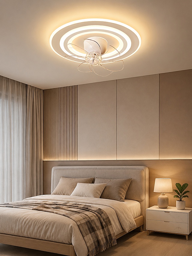 吸顶灯风扇，严格参照上传产品图https://gdesign-dam-hz.dancf.com/37052420040020105/a38518ffc811425398ae4609b6f997a9.jpg，完整保留所有可见组件、部件、轮廓形状、结构、比例、材质质感、颜色与上传图完全一致。
现代中式卧室空间，参考图https://2.jpg的温馨奶咖暖色调，相似度30%。
顶光暖调室内灯光，还原参考图光影方向，产品受光面泛起奶咖暖色、暗部映射墙面浅棕色光晕，与环境物理融合。
中景偏下微侧15°视角。
全量换款清单：①床头：参考图深棕色实木软包床头 → 生成图浅灰色科技布软包床头，同软包大类换材质颜色；②床头柜：参考图胡桃木藤编床头柜 → 生成图岩板白色床头柜，同床头柜大类换款式材质；③绿植：参考图落地大绿植 → 生成图桌面琴叶榕小盆栽；④墙面：参考图整墙软包 → 生成墙布硬包拼色墙面；⑤窗帘：参考图卡其色亚麻窗帘 → 生成浅灰色棉麻窗帘；⑥台灯：参考图原木台灯 → 生成陶瓷底座台灯。
消除品牌文字。
空间：①浅灰色棉麻窗帘；②拼色硬包背景墙；③浅灰色原木地板；④白色岩板床头柜；⑤陶色底座台灯；⑥桌面琴叶榕小盆栽。
配色/材质：奶咖色/浅棕色/浅灰色/白色/原木色；棉麻/硬包/岩板/陶瓷/原木地板。
4K 分辨率，严格锁定宽高比为 3:4