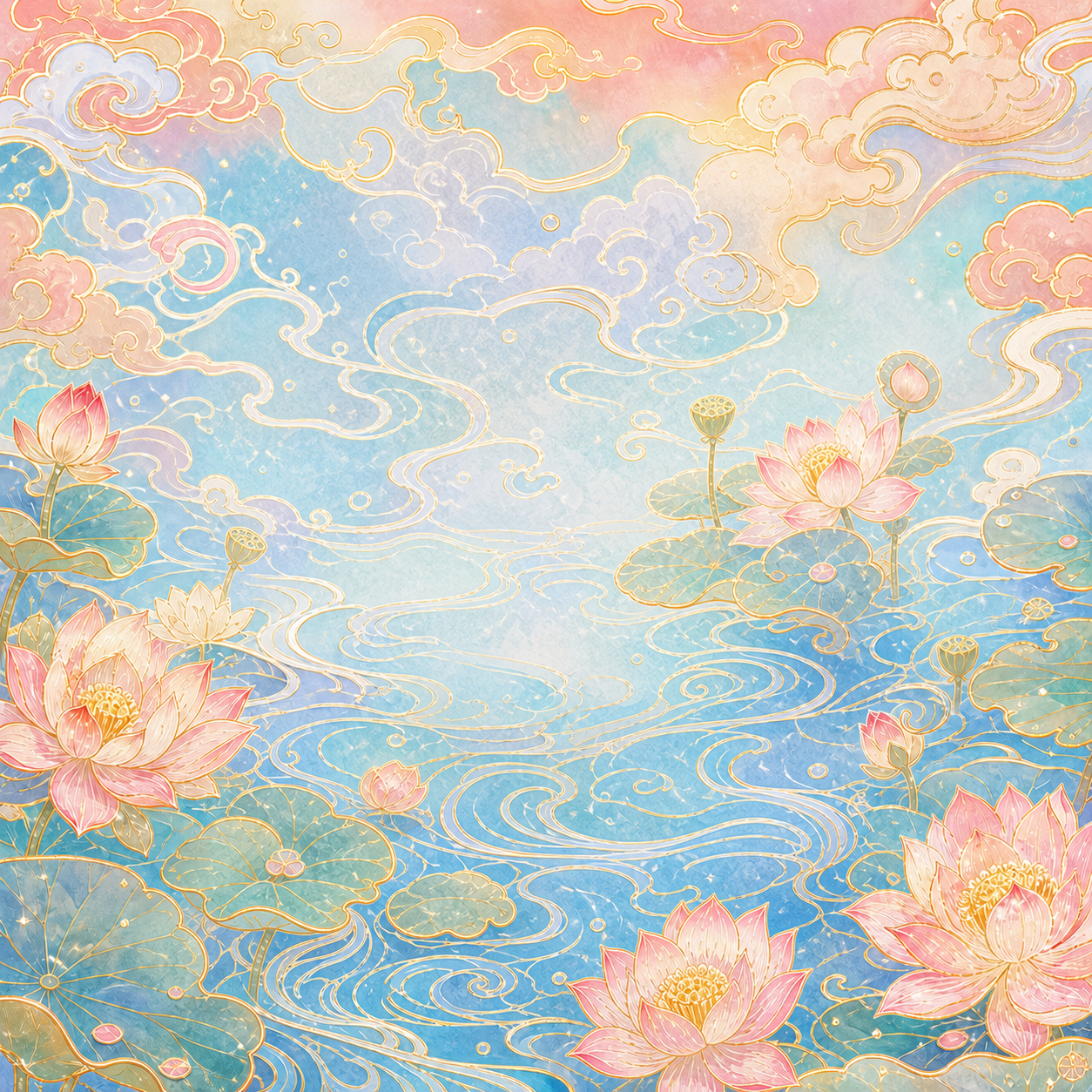 去除图中的红色锦鲤主体，保留背景的祥云、水波纹、莲花荷叶等所有… - 图片创意预览