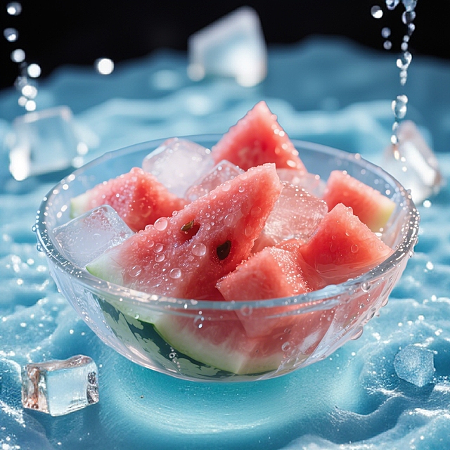 西瓜冰块，玻璃碗中清透呈现，水珠飞溅，夏日清爽感十足。