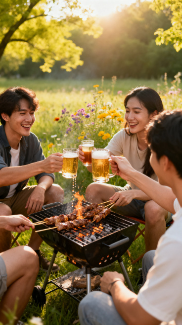 春天户外郊游踏青场景，绿草地上热闹的烧烤野餐，烧烤炉上摆放着正在烤制的刷油肉串，一群朋友欢聚举杯喝啤酒，阳光明媚春意盎然，充满欢乐热闹的氛围预览效果