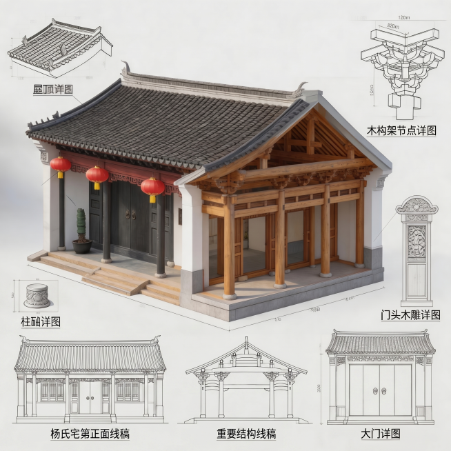 在图片左下角位置添加杨氏宅第建筑的正面线稿，再添加该建筑重要结构的线稿，保持原图整体构图和其他内容不变，风格和图中原有的线稿统一预览效果