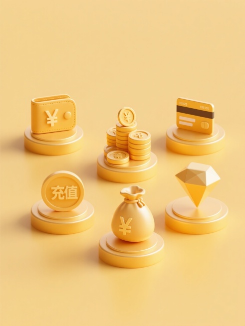 纯色背景，保持3D立体风格，主色调为金黄色，光影运用柔和，高光表现明显，材质呈现光滑塑料质感，六个完全不同的充值元素类目规整排布，每个元素均有圆形底座支撑，元素包括：带有¥符号的钱包、堆叠的金币、打开的钱袋、信用卡、充值按钮、钻石图标，整体构图对称，视觉层级清晰，信息传达效率高，符合金融充值相关设计感，画面干净简洁。预览效果