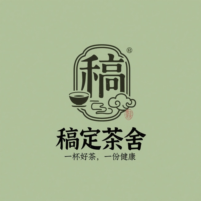 LOGO设计，茶叶logo设计，创意字体设计，篆书复古复刻文字, “稿定茶舍”，古朴的仿篆书风格，结合复古图章、云纹、茶碗，徽章排版形式，艺术构图，精致小巧的字符“一杯好茶，一份健康”，整体浅绿色，简预览效果