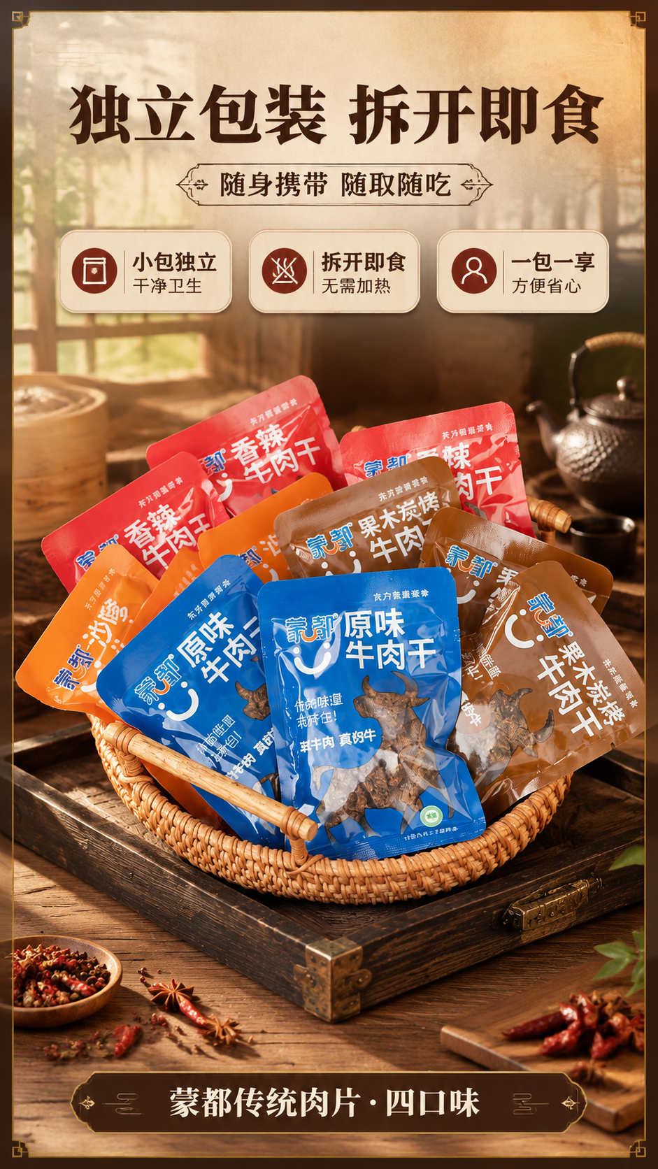 [商品] 使用【图2】藤编圆篮内多口味蒙都牛肉干堆叠陈列；保留… - 图片创意预览