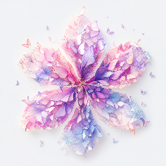 梦幻感与唯美感交织的插画风作品，以水彩般的柔和色彩呈现虚拟自然中的蝴蝶花，超现实主义拼贴手法营造清新灵动的视觉盛宴。