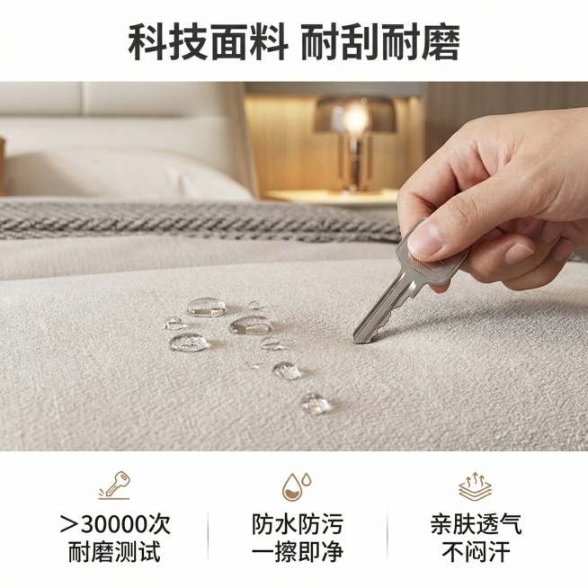 [垫图] https://cdn.dancf.com/fe-assets/20260313/9ed5cf309814be74bc807a3c094c4a1a.png
[主图主题] 软体床材质耐刮测试图预览效果