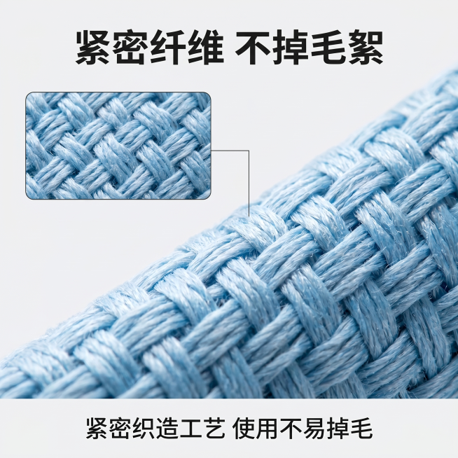 [主图 3] 工业擦机布不掉毛材质细节展示
[氛围风格] 微距特写，真实质感，专业品质感
[画质] 商业摄影质感，光线明亮通透，产品细节清晰，画面干净高级
[元素] 微距特写放大展示工业擦机布的纤维纹预览效果