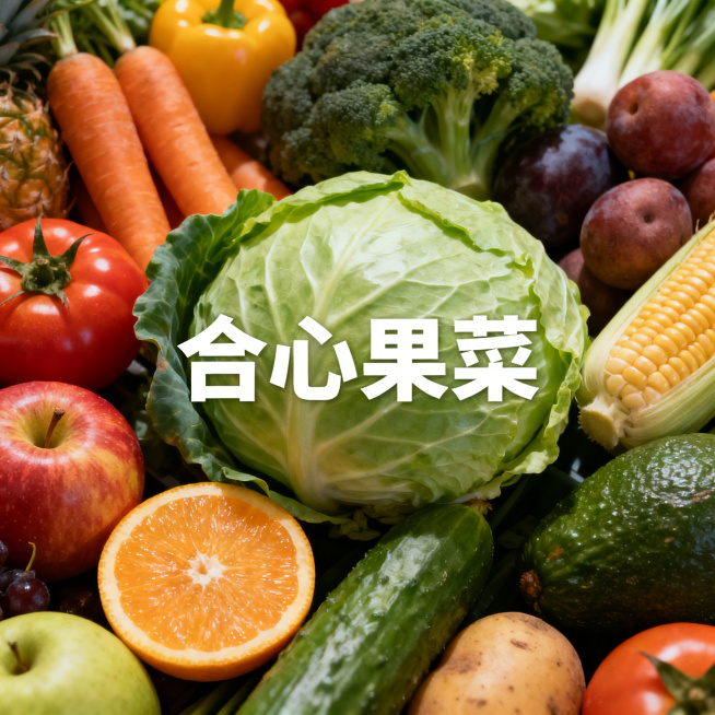 写实风格蔬菜水果店铺头像，画面包含真实质感的新鲜蔬果，中央清晰显示文字“合心果菜”，光影自然，细节丰富，适合作为店铺头像预览效果
