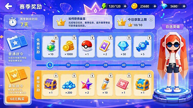 修改这张赛季奖励界面，做以下两处改动：1. 整体背景换成赛季活动主题背景，蓝紫色渐变的竞技感背景，带有淡淡的奖杯、皇冠、彩带、星光粒子等赛季庆典元素，远景有竞技场或领奖台的剪影，营造赛季活动的隆重氛围；2. 右侧自选英雄角色下方增加一个圆形发光底座，底座为科技感石台，带有蓝色光环和能量纹路，承托角色，让角色更有展示感。其余所有界面元素（顶部倒计时和皇冠面板、左侧普通战令豪华战令栏、中间免费奖励进度条豪华奖励、所有按钮文字）均保持不变。整体清新卡通风格不变，游戏UI界面