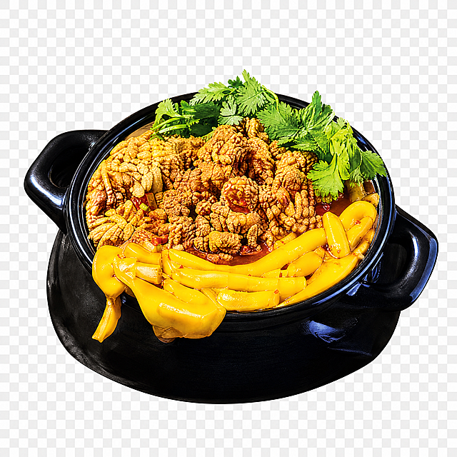 参考图中第一个砂锅，生成一个单独的高清砂锅图片，保留原食材：炸酥肉加黄年糕，搭配香菜，黑色砂锅，透明背景，只保留砂锅本身