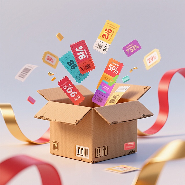 一个快递盒子里有跳出的票券，周围有彩带、优惠券相关的促销装饰元素，撞色