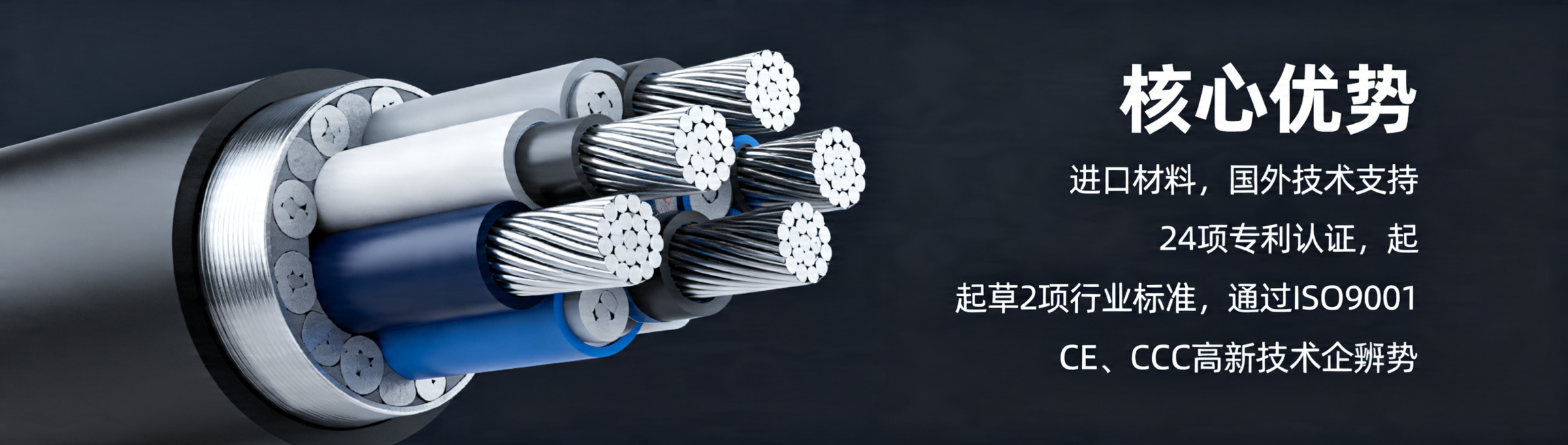 横屏海报，上海名耐特种电缆核心优势宣传轮播图，画面简洁大气，工业风设计，左侧展示电缆横截面产品细节图，右侧文字排版：标题核心优势，内容：进口材料，国外技术支持，24项专利认证，起草2项行业标准，通过I预览效果