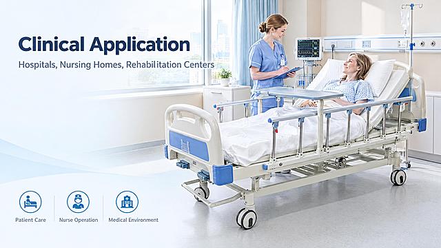 Amazon cross-border product detail page image, 16:9 horizontal, medical commercial photography style, clean and professional.

[Product] E-BC001 manual two-function hospital bed with ABS head/foot boards (off-white with blue trim), perforated bed deck, aluminum alloy six-column side rails (gray-blue handrails with red release latches), Φ125mm white-gray dual-wheel central locking casters, movable overbed dining table, IV pole. Keep all original structure, color, material and proportions exactly as reference images.

[Scene 1: Clinical Application] Left text right product layout. Bright modern hospital ward, the hospital bed placed by the window with soft natural light. A middle-aged Caucasian female patient lying semi-recumbent on the bed, a Caucasian female nurse standing beside taking notes. Background includes white bedside cabinet, IV stand, ECG monitor. Light beige walls, light gray non-slip floor tiles. The bed occupies about 60% of the right side.

[Visual Style] Minimalist medical commercial photography, realistic and restrained. Color system: medical blue (#2E75B6) as primary color, low-saturation light blue to off-white gradient background. Accent color: bright blue (#4A90D9) for small icons and leader lines only. Title color: deep blue-gray (#1F3A5F), body text color: medium gray (#5A6A7A). Components: rounded light blue info cards, thin leader lines, blue dot numbering. Lighting: soft natural light from front-left, rim light from window.

[Text - all English, horizontal layout only] Top-left area: Main title "Clinical Application" (large, deep blue-gray bold sans-serif). Subtitle below: "Hospitals, Nursing Homes, Rehabilitation Centers" (medium, medium gray sans-serif). Bottom-left: 3 small icons with labels: "Patient Care", "Nurse Operation", "Medical Environment" (small, horizontal). Text does not obscure the bed.

4K resolution, photorealistic, no distortion, no Chinese text, no Asian faces, no over-saturated colors, no fictional brand logos on medical equipment, no blood or exposed wounds.