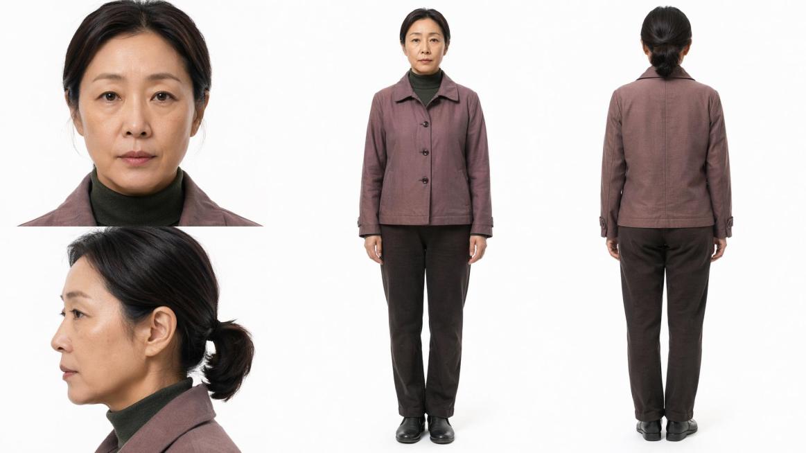 超级写实的女性人物形象展示图，图中包含人物脸部特写，人物正面全身，人物背面全身，纯白背景。参考图片的人物外貌，生成同样的发型、服装，女性。皮肤保留自然毛孔纹理而非抹除，保留真实皮肤瑕疵，上唇绒毛细腻可预览效果