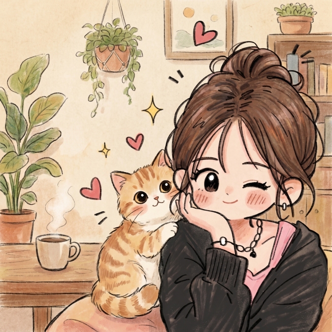 完善构图，适合作为头像，在女生周围添加一只可爱的猫猫，替换成温馨的背景，保持手绘风格，整体画风统一，手绘质感更强预览效果