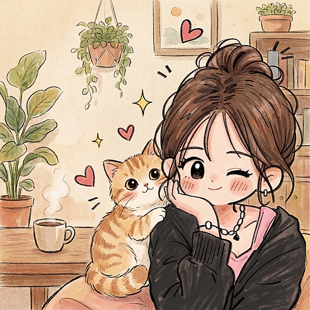 完善构图，适合作为头像，在女生周围添加一只可爱的猫猫，替换成温馨的背景，保持手绘风格，整体画风统一，手绘质感更强