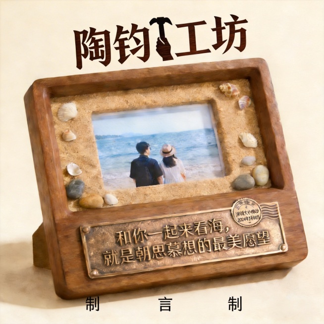 将锤子和手改为黑胡桃木颜色，去掉“豆包AI生成”水印，移除“整木留言相框定制”两侧的黑色横线，将“整木留言相框定制”文字间隔平均并整体左移，使“制”字与相框下角对齐预览效果