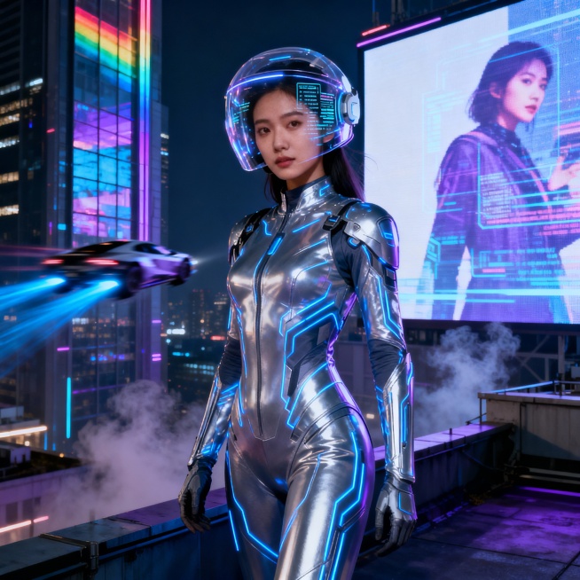 一位充满未来科技感的美女，身着流线型银色紧身科技战衣，战衣上有蓝色发光线条装饰，头戴透明全息头盔，背景是充满霓虹灯光的未来都市夜景，高楼大厦间有悬浮车辆穿梭，整体画面呈现出赛博朋克风格，色彩以深蓝、紫预览效果