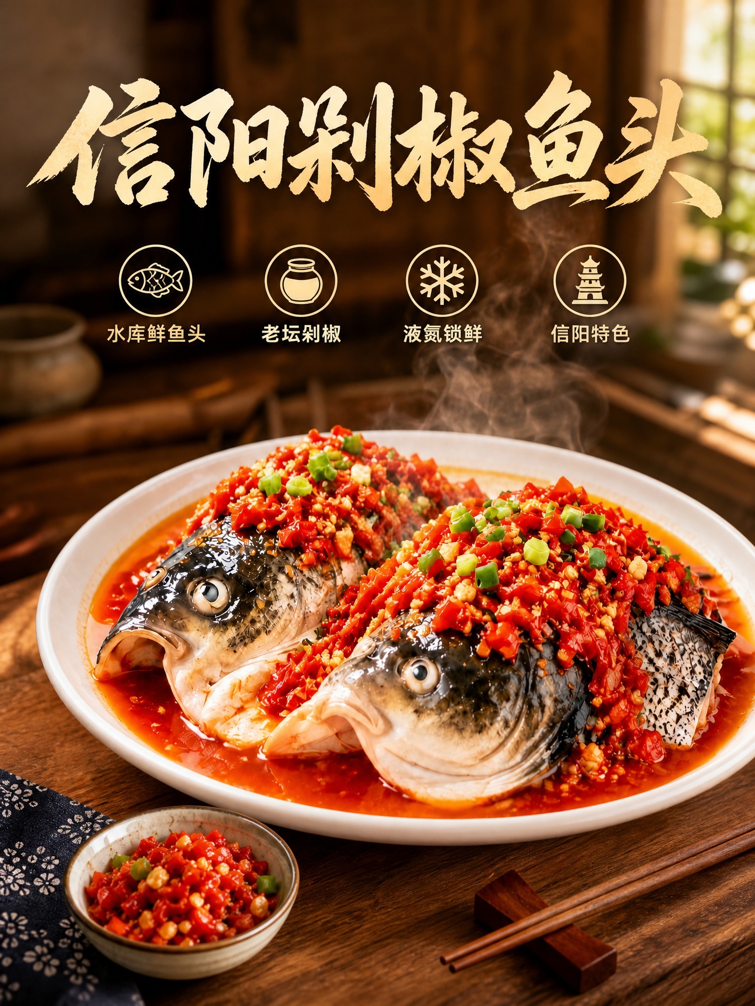 信阳剁椒鱼头美食海报，中式实木餐桌上摆放一大盘剁椒鱼头，白色瓷… - 图片创意预览