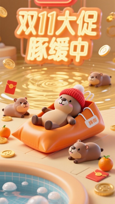 大师之作，最佳质量，超高细节，8K画质，3D渲染，可爱卡通风格，正面视角。一只戴着红色毛线帽的卡皮巴拉，表情淡定地仰面躺在一个巨大的橙色购物袋上，正从画面中悠闲地滑出。后面跟着三只小卡皮巴拉，正在懒散预览效果