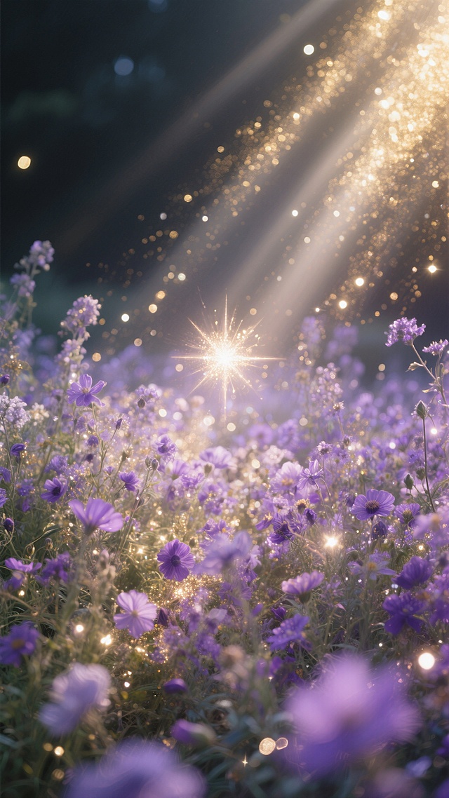 暗光氛围，夜晚，金色闪粉和密集的紫色杂花丛，梦核意识流